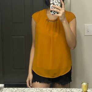 Women's Mustard Cap Sleeve Necklace-Detail Blouse